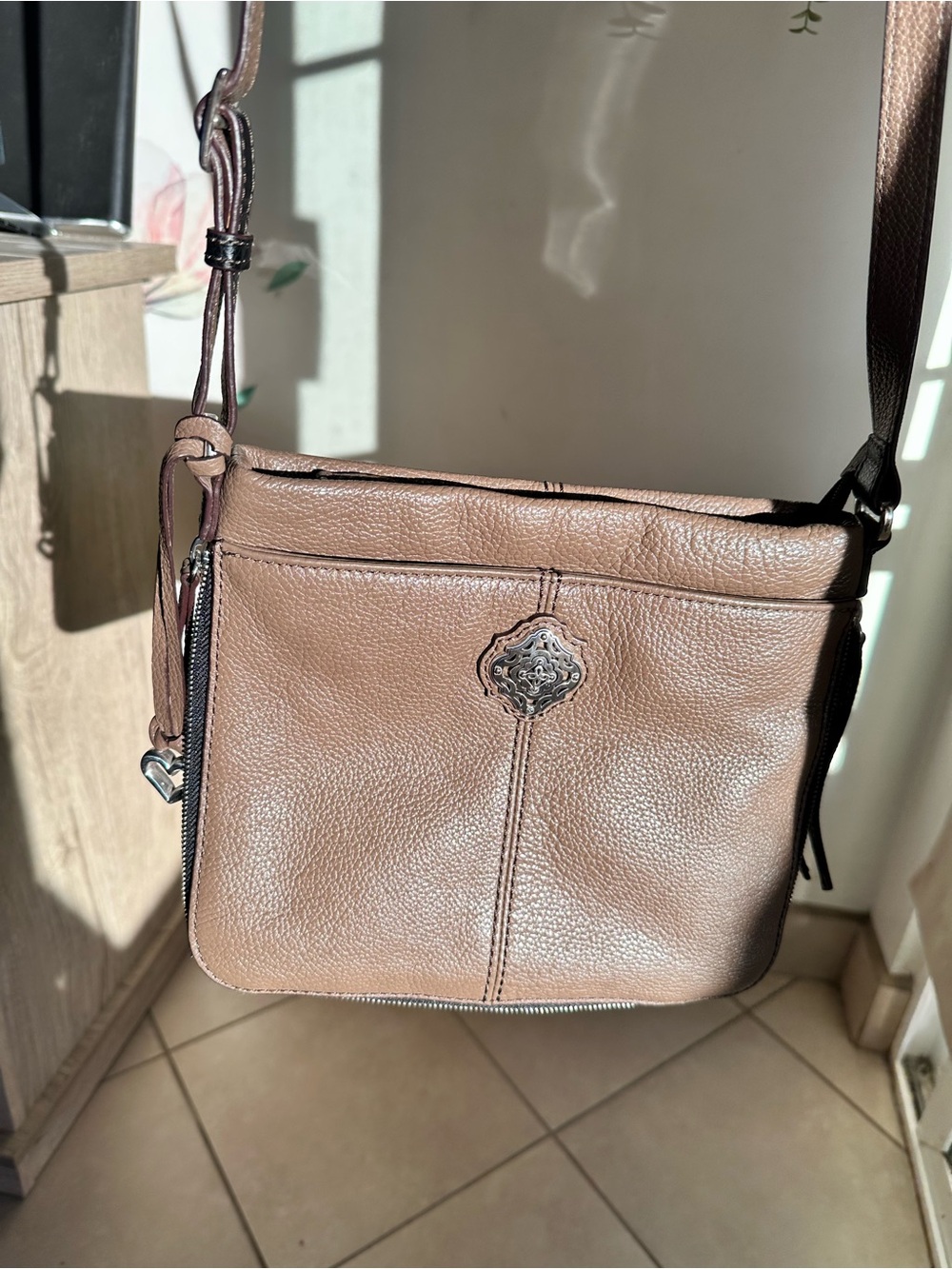 Brighton Brown Pebbled Leather Crossbody with Decorative Medallion
